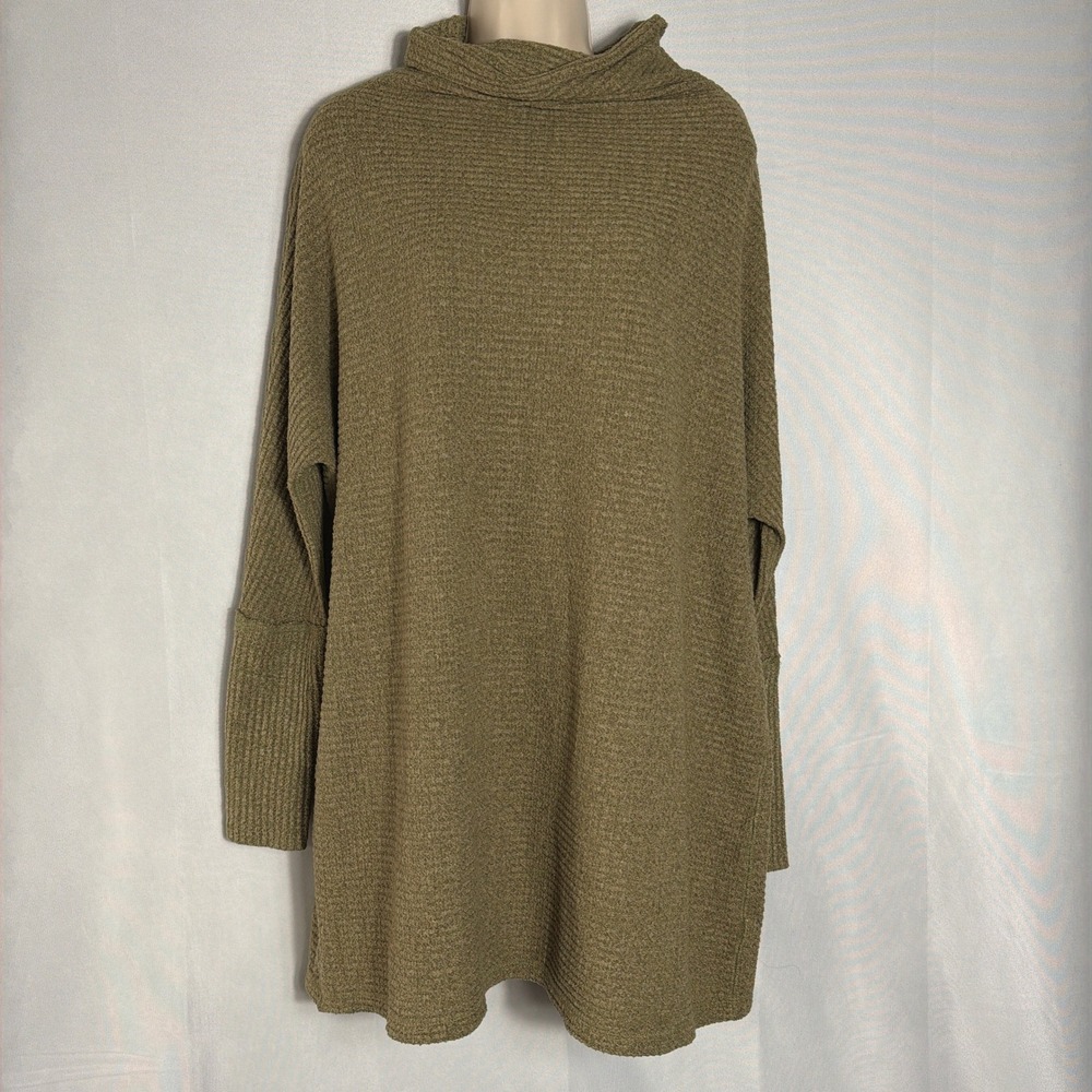 We The Free Sweater Tunic Medium Oversized Waffle Knit Cowl Neck Olive Women